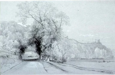 Road Bordering Meadows and a Castle